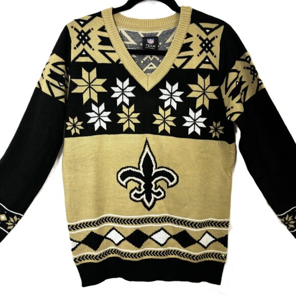 NFL Team Apparel New Orleans Saints Christmas Black Gold Sweater - Picture 2 of 10